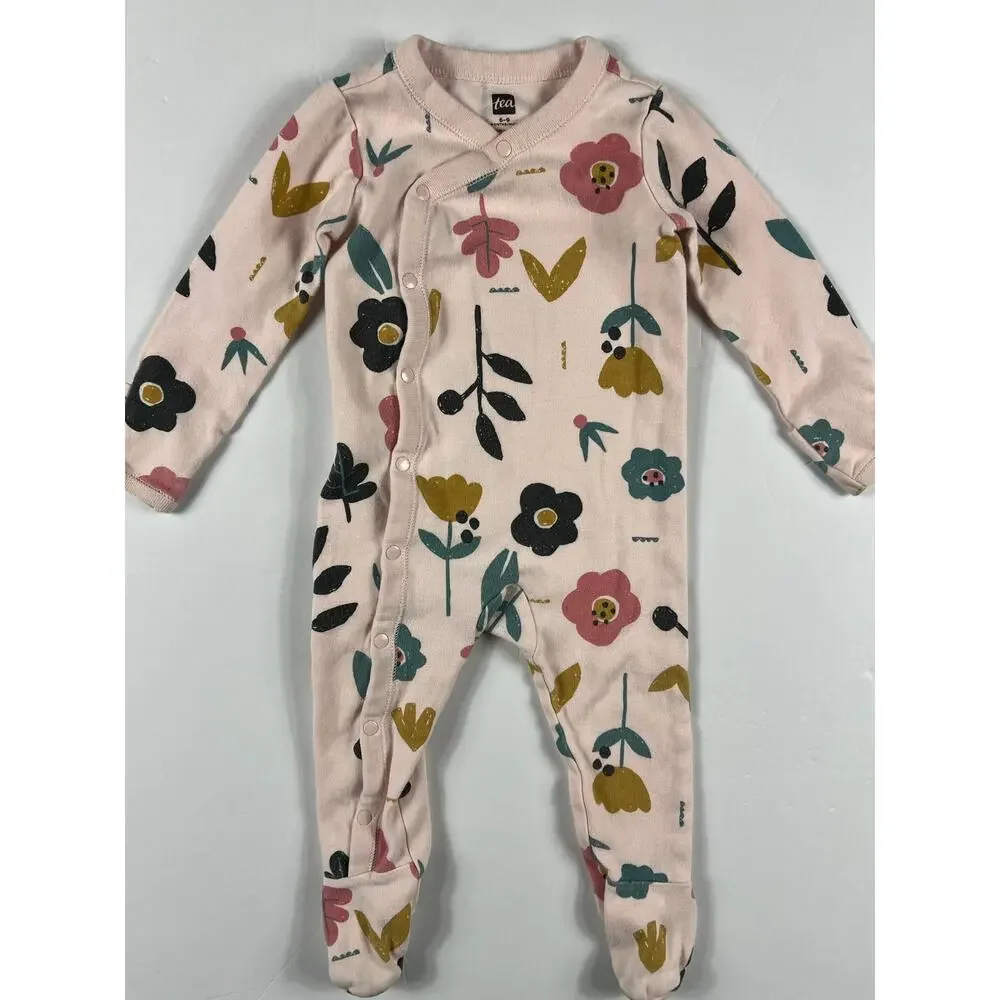 Tea Collection Pink Floral Footed Pajamas size 6-9 months